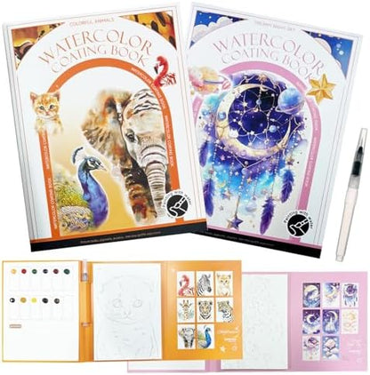2-Pack Watercolor Painting Books for Adults & Beginners - All-in-One Creative Stress Relief Art Kit with 3-Fold Pad, 32 Pre-Printed Pages, 24 Colors & 2 Brushes (Animal + Starry Fairyland) by Creativitylifestyleandwellness