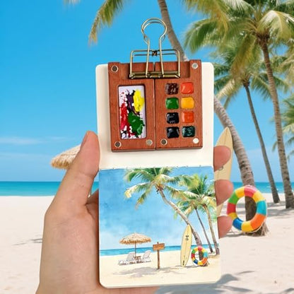 Mini Portable Watercolor Paint Set - 8 Grid Wood Palette with Binder Clips 12 Colors Paint, Brushes, Water Pens & Sketchbook, Travel Art Kit for Beginners & Art Enthusiasts - Image 5