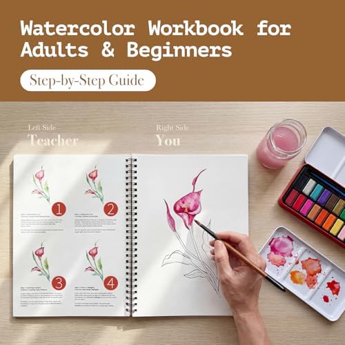 Rurolo Watercolor Workbook for Adults & Beginners - Spiral Bound Kit with 24 Paint Colors, Brushes & 300GSM Paper - Step-by-Step Flower Painting Guide for Stress Relief & Relaxation (6.5x9) - Image 2