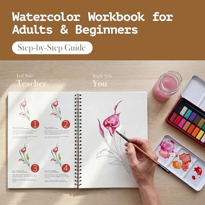 Rurolo Watercolor Workbook for Adults & Beginners - Spiral Bound Kit with 24 Paint Colors, Brushes & 300GSM Paper - Step-by-Step Flower Painting Guide for Stress Relief & Relaxation (6.5x9) - Image 2