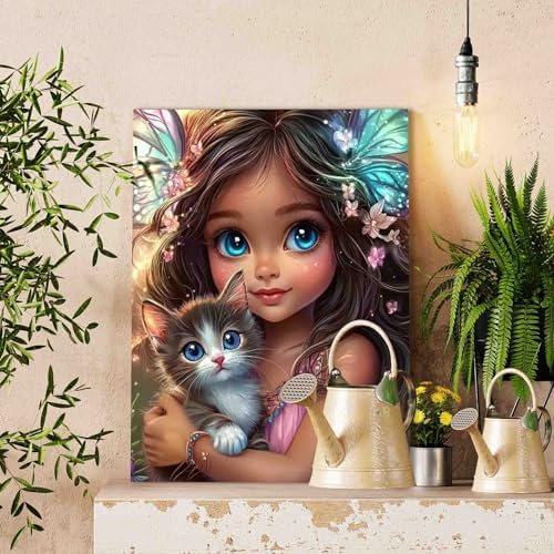DIY Paint by Numbers for Adults Cute Little Fairy Girl Painting Acrylic Paint African American Child DIY Digital Oil Painting Kits Girl and Cat Canvas Wall Art Living Room Decor 16x20 Inch（DlY Frame - Image 3