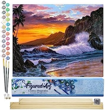 Figured'Art Paint by Numbers Kit for Adults Cliff and Waves 16"x20" - Craft Art Painting Rolled Canvas with DIY Wooden Frame by FiguredArt