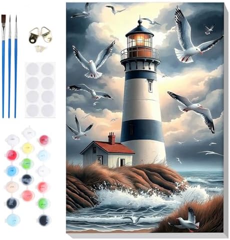 Bowetile Framed Paint by Numbers Lighthouse for Adults Beginners, Adults' Paint-by-Number Landscape Kits, Easy Adult Paint by Number Kits on Canvas, Acrylic Number Painting for Home Decor, 8x12in by BOWETILE