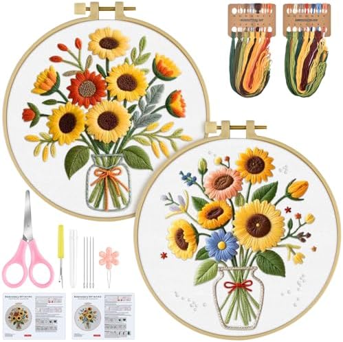 ERKOON Embroidery Kit for Beginners Adult, 2 Set Flower Cross Stitch Set Include Embroidery Cloth Hoops Threads for Craft Lover Hand Stitch with Embroidery Skill Techniques (Sunflower) by ERKOON