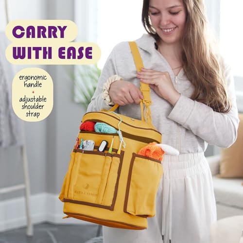 Hearth & Harbor Crochet Bag Organizer – Durable Knitting Bag, Yarn Organizer for Accessories and Supplies, Canvas Yarn Holder, Crochet Carrying Case with Accessories Pouch, Storage Organizer –Mustard - Image 5