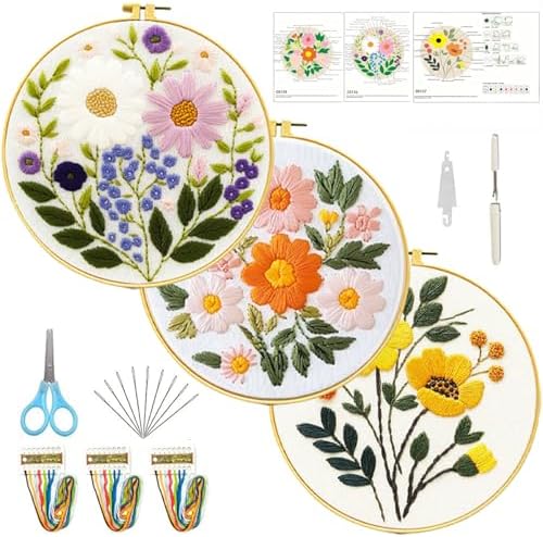 FEIYUENO 3 Sets Flowers Embroidery Kit for Beginner Adults (Sunflower) by FEIYUENO