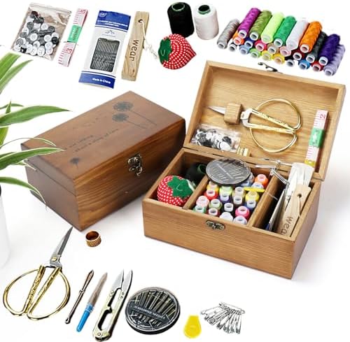 MKNZOME Wooden Sewing Basket - Sewing Box with Supplies for Travel Home by MKNZOME