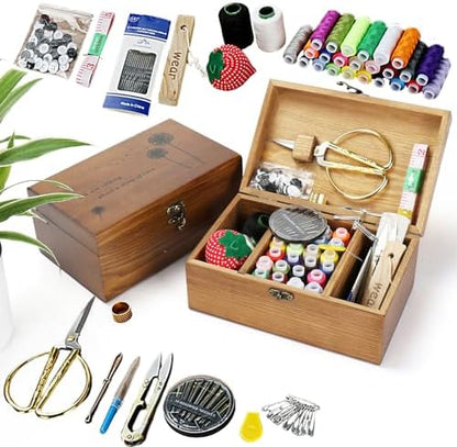 MKNZOME Wooden Sewing Basket - Sewing Box with Supplies for Travel Home by MKNZOME