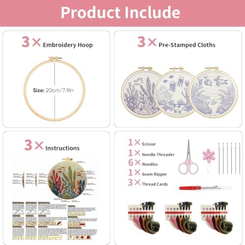 LYMIGER 3 Packs Embroidery Kit for Adults, Embroidery for Beginners (Sea) - Image 5
