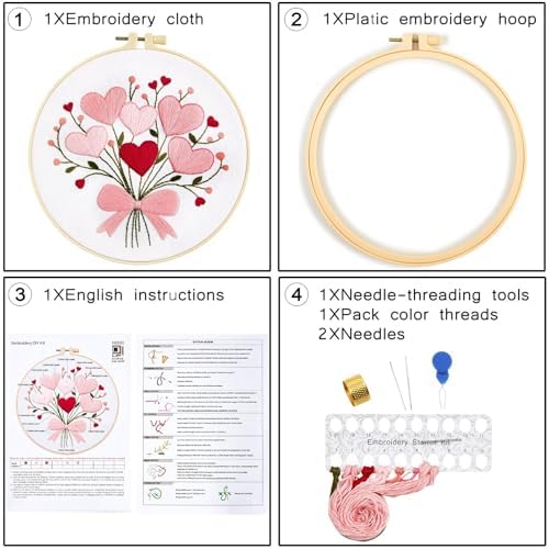 Heart Flower Embroidery Kits for Beginners Adults, Pink Embroidery Starter Kits, Counted Cross Stitch Kits for Adults Anniversary Valentine's Day Gift, Embroidery Hoops, Fabric Thread & Video Tutorial - Image 6