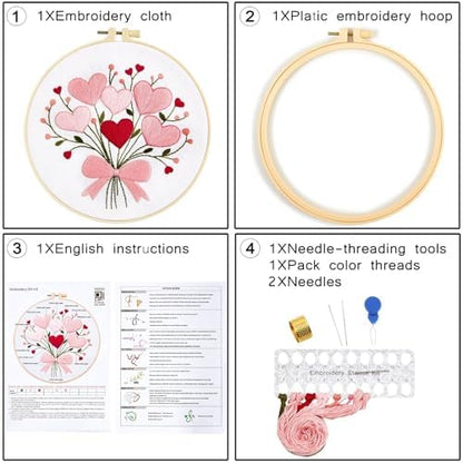 Heart Flower Embroidery Kits for Beginners Adults, Pink Embroidery Starter Kits, Counted Cross Stitch Kits for Adults Anniversary Valentine's Day Gift, Embroidery Hoops, Fabric Thread & Video Tutorial - Image 6