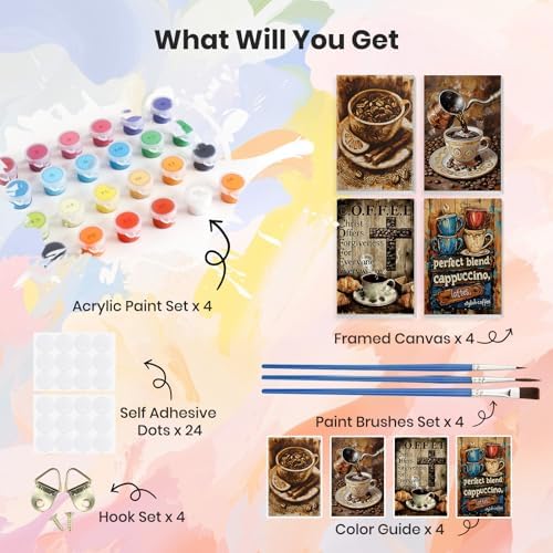 HEIBAGO 4 Pack Coffee Framed Paint by Numbers Kit for Adults Beginner, Landscape Adult Paint by Number Kits, DIY Paint by Numbers for Adults, Small Easy Acrylic Oil Painting for Wall Decor 8 x 12 Inch - Image 3