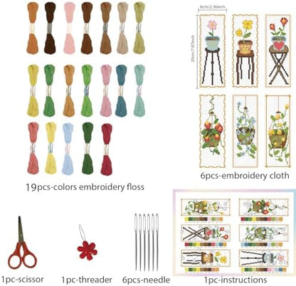 FREEBLOSS 6 Set Cross Stitch Bookmark Kit Flowers Patterns Stamped Cross Stitch Kit with Instruction Embroidery Kit for Adults Beginners Reading Gift 8''x2.4'' - Image 2