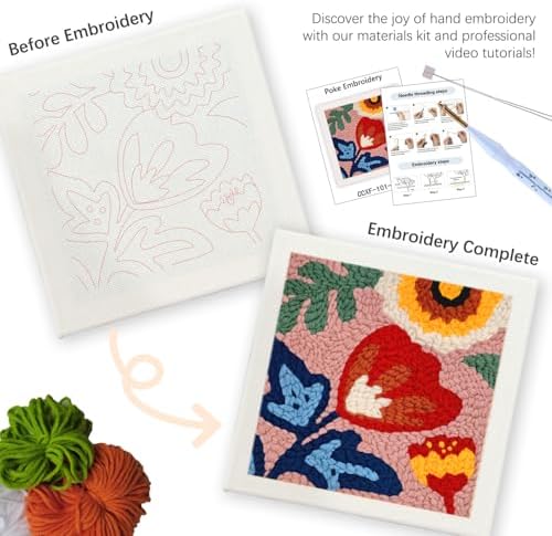SDOYUNO Punch Needle Kit with Frame for Adults Beginners Kits 9.84 x 9.84 Inch Embroidery Starter Kits Punch Needle Kit with Red Flower Pattern, Threader, Yarns, Rug Punch, DIY Craft Kits (red) - Image 3