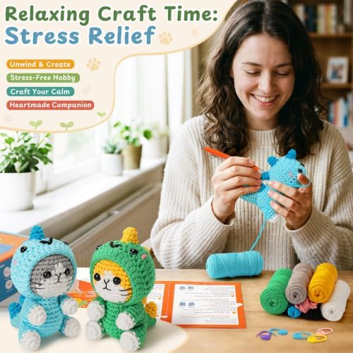 Fortuning's JDS Crochet Kit for Beginners, 2 Pack Dinosaur Cat Crochet Kit - Image 5