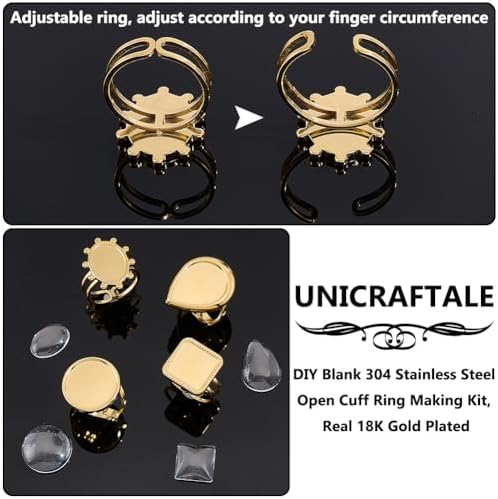 UNICRAFTALE 8Pcs 4 Styles DIY Golden Blank Ring Stainless Steel Open Cuff Ring Making Kit Real 18K Gold Plated with Glass Cabochons Rings 16.9mm Base Ring Bezel Tray for Jewelry Making - Image 4