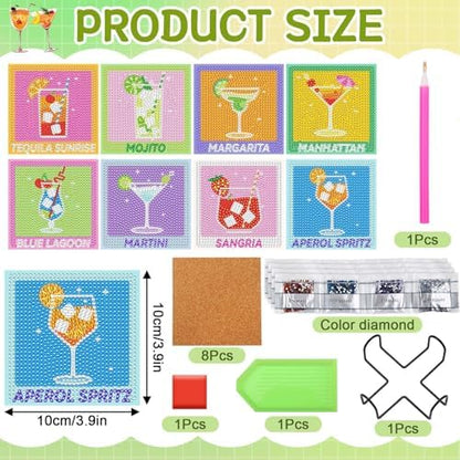 UPINS 8Pcs Cocktail Diamond Art Coasters,Summer Beach Diamond Art Coasters with Holder for Adults DIY Drink Bar Party Home Warming Gifts - Image 2