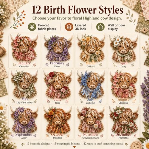 Birth Flower Highland Cow 3D Layered Fabric Art DIY Kit for Adults (G1PC) - Image 2