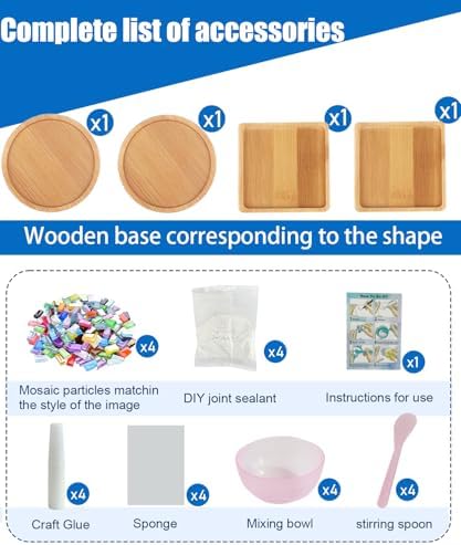 Mosaic Kits for Adults, 4‑Pack Wooden Coasters DIY Craft Set - Image 4
