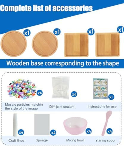 Mosaic Kits for Adults, 4‑Pack Wooden Coasters DIY Craft Set - Image 4