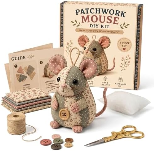 OZSZN Patchwork Mouse DIY Kit – Handmade Sewing Craft Set with Buttons & Fabric, Cute Mouse Ornament for Adults Beginners, Creative Animal Craft Project (E) by Unknown