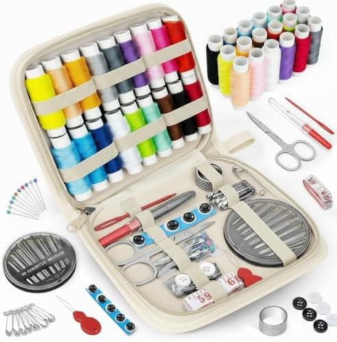 MIXCOOL Sewing Kit for Adults, Beginners, Needle and Thread Kit, Portable Sewing Supplies, Contains Thread, Scissor, Needles, (Beige, M) by MIXCOOL