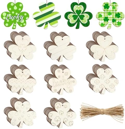 80PCS Wooden Shamrock Ornaments to Paint St. Patrick's Day Decorations, 8 Styles DIY Blank Unfinished Wood Shamrock Cutouts Ornament for Tree Home Crafts Hanging Gifts Indoor Spring Farmhouse by Sophena