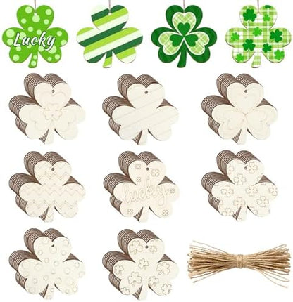 80PCS Wooden Shamrock Ornaments to Paint St. Patrick's Day Decorations, 8 Styles DIY Blank Unfinished Wood Shamrock Cutouts Ornament for Tree Home Crafts Hanging Gifts Indoor Spring Farmhouse by Sophena