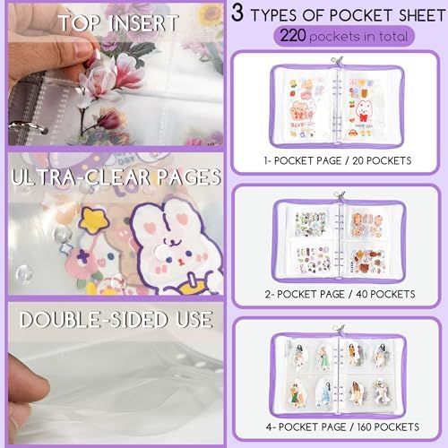 5-in-1 Sticker Organizer Book Reusable A5 Storage Binder with 220 Pockets,10 Release Papers, Zipper Album Sticker Collecting Display Keeper (Purple) - Image 5