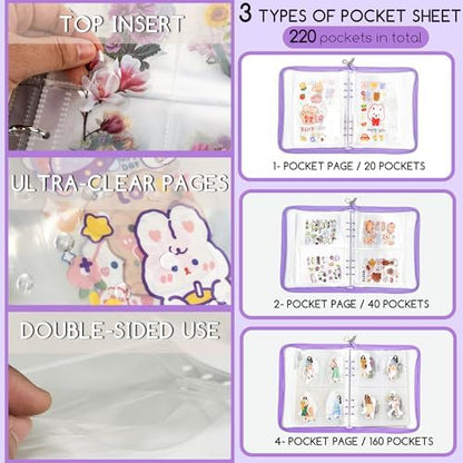 5-in-1 Sticker Organizer Book Reusable A5 Storage Binder with 220 Pockets,10 Release Papers, Zipper Album Sticker Collecting Display Keeper (Purple) - Image 5