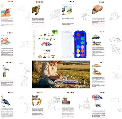Watercolor Workbook，Water Paint Adult Set，Easy Coloring Book,Beautiful Paintings for Beginner（Fruit - Album (Beach -12 colors) - Image 7