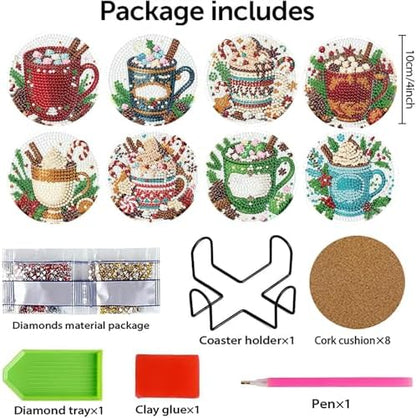 8 Pcs Christmas Coffee Diamond Painting Coasters Kits with Holder, DIY Christmas Diamond Art Coaster Kits for Adults, Paint with Diamonds Coasters Craft Supplies for Holiday Home Decor - Image 2