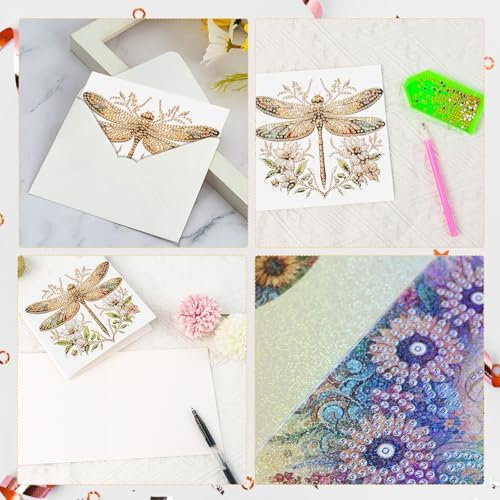Tontut 6pcs 5D DIY Diamond Painting Kit Greeting Card,Diamond Handmade Greeting Card with Envelope, Holiday Gift Congratulations Colourful Dragonfly - Image 4