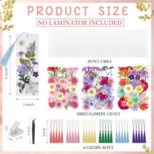 182 Pcs Pressed Flower Bookmark Making Kit, 30 Laminating Pouches with 120 Dried Flowers, 30 Tassels, Tweezer and Punch, Party DIY Crafts Bookmark for Reading Women Kids - Image 2