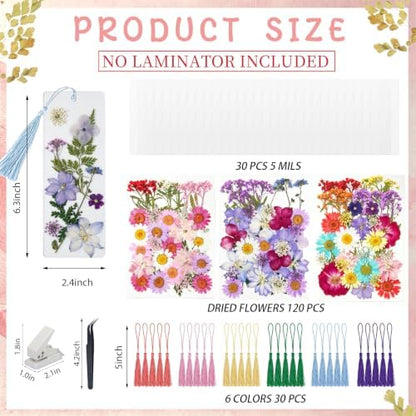182 Pcs Pressed Flower Bookmark Making Kit, 30 Laminating Pouches with 120 Dried Flowers, 30 Tassels, Tweezer and Punch, Party DIY Crafts Bookmark for Reading Women Kids - Image 2