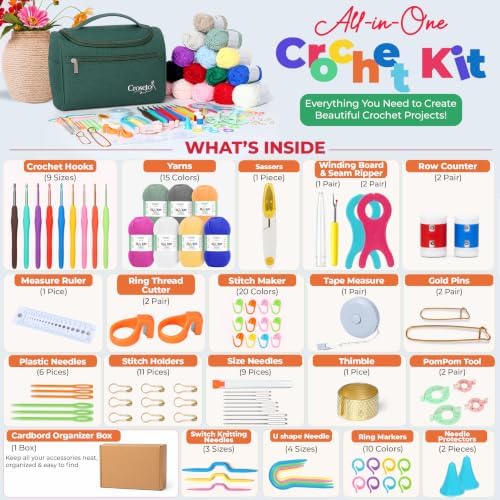 15 Yarns Crochet Kit for Beginners Kids, Adults & Teens – Complete Crochet Starter Kit with Ergonomic Hooks, Needle, Bag & More – Knitting & Crochet Supplies Perfect for Gifting - Image 2