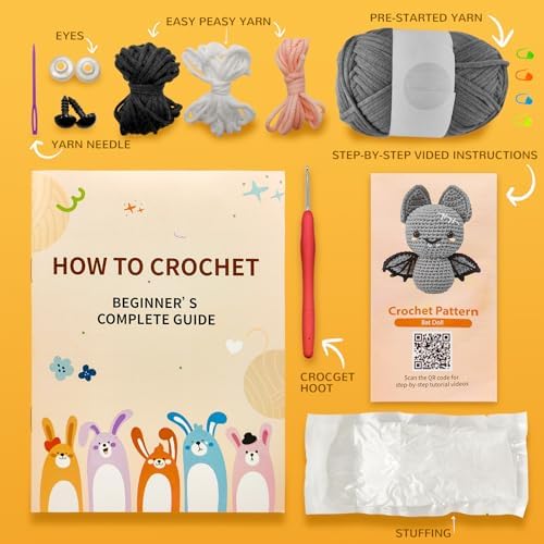minimal beee Bat Crochet Kit for Beginners - DIY Halloween Craft Gift with Animal Yarn, Easy Knitting Supplies for Adults, Complete Starter Crochet Set with Needles & Instructions - Image 3