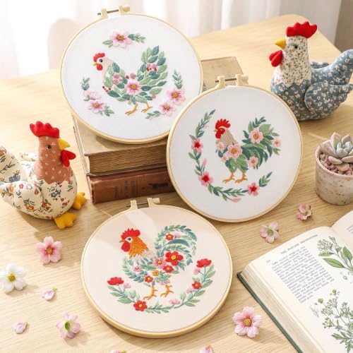 Mindsoft 3 Set Needlepoint Kit for Beginners with Hoop,Flower Rooster - Image 2