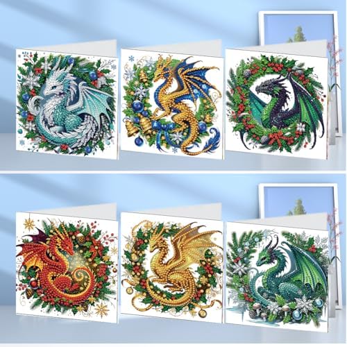 6pcs DIY Diamond Art Christmas Cards Kit with Envelopes & Tools-Diamond Dot Greeting Cards,Xmas 5D Rhinestones Painting for Adults,DIY Craft Family Friend Xmas Gifts(Christmas Dragon) - Image 2