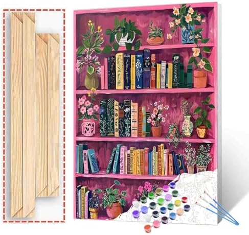 Book Theme Library Paint by Numbers Kits for Adult Bohemia Paint by Numbers Botanica Bookshelf Painting Kits on Canvas with Brushes and Acrylic Pigment for Home Wall DIY Framed 16x20 Inch by Aihonmin