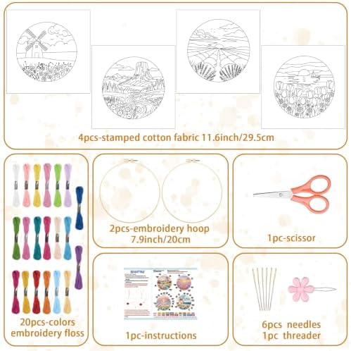 BEUNITONE 4 Set Embroidery Kits for Beginners, Pink Scenery Design with Pre-Stamped Pattern Craft Kits Include Instruction and Hoops, 7.9"x7.9" Needlepoint Kits for Festival Gifts and Home Decor - Image 2