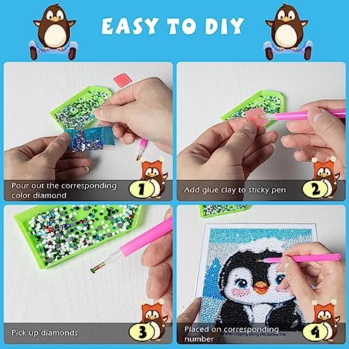 QEUOYSS Diamond Art Kit for Kids with Wooden Frame Art and Crafts for Kids Ages 6-8 -10-12 Easy to DIY Diamond Art for Kid and Adult Beginners Home Wall Decoration (Penguin) - Image 3
