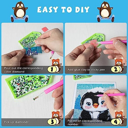QEUOYSS Diamond Art Kit for Kids with Wooden Frame Art and Crafts for Kids Ages 6-8 -10-12 Easy to DIY Diamond Art for Kid and Adult Beginners Home Wall Decoration (Penguin) - Image 3