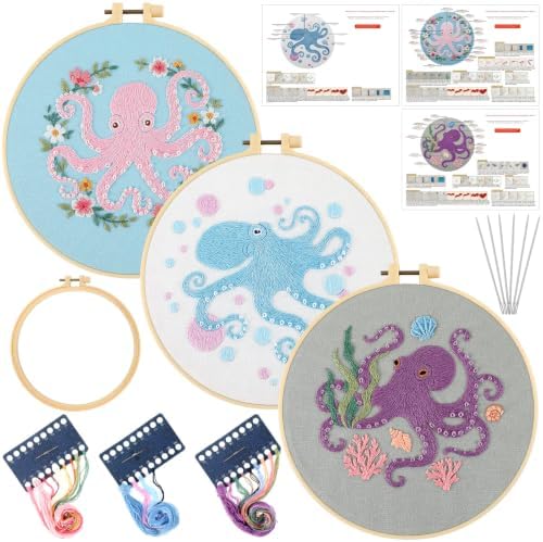 Mindsoft 3 Set Needlepoint Kit for Beginners with Hoop,Octopus by Mindsoft