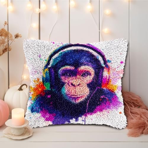 DIY Latch Hook Pillow Kits Watercolor Monkey Printed Pillowcase Crochet Yarns Hooking Handmade Pillow Cover Cushion for Home Sofa Decoration 17x17inch-1 - Image 5