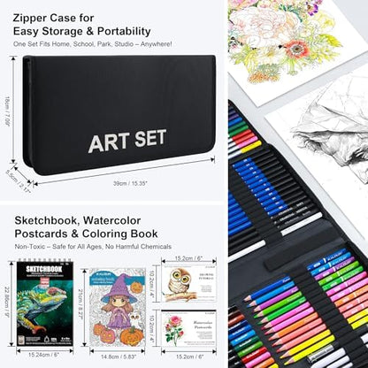 KALOUR 135 Drawing Set Sketching Kit,Art Supplies with 3-color Sketchbook & Coloring Paper,Include Tutorial, Oil Based, Neon,Graphite, Charcoal, Watercolor & Metallic Pencil,for Artist Adults Beginner - Image 3