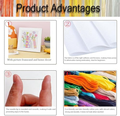 Book Flower Stamped Cross Stitch Kits for Adults Beginners with Frame - Image 3