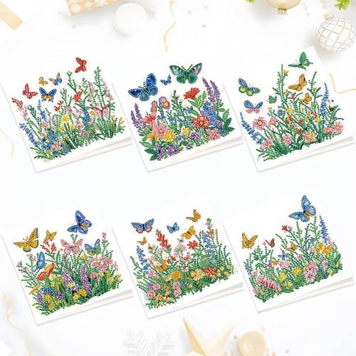 Tontut 6pcs Diamond Art Painting Kit Greeting Card, Green Flower Butterfly 5D DIY Diamond Handmade Holiday Greeting Card with Envelope, Holiday Gift Congratulations by Tontut