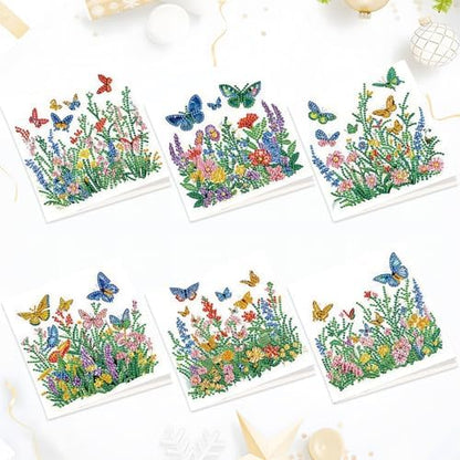 Tontut 6pcs Diamond Art Painting Kit Greeting Card, Green Flower Butterfly 5D DIY Diamond Handmade Holiday Greeting Card with Envelope, Holiday Gift Congratulations by Tontut