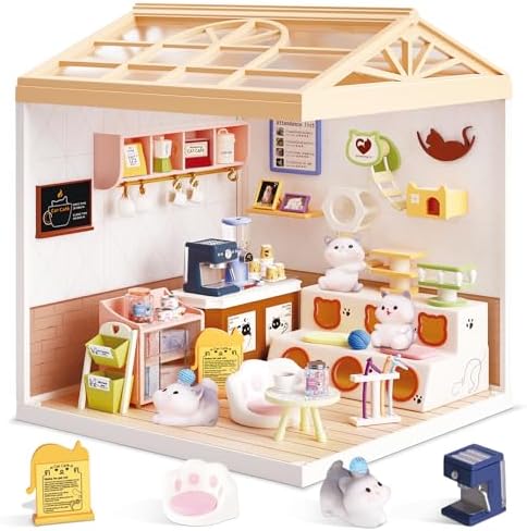 Cat Cafe Miniature House Kit with LED Light, DIY Mini Dollhouse with Roof & Dust Covers for Mini Figures Tiny House Toy for Adults Kids Girls by Loyratche